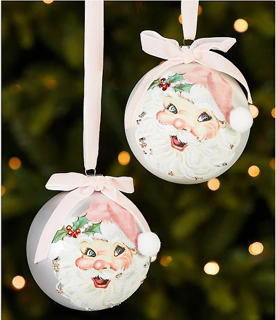 Southern Living Sweet Christmas Collection Hand-Painted Santa Face Glass Ornament, Set Of 2
