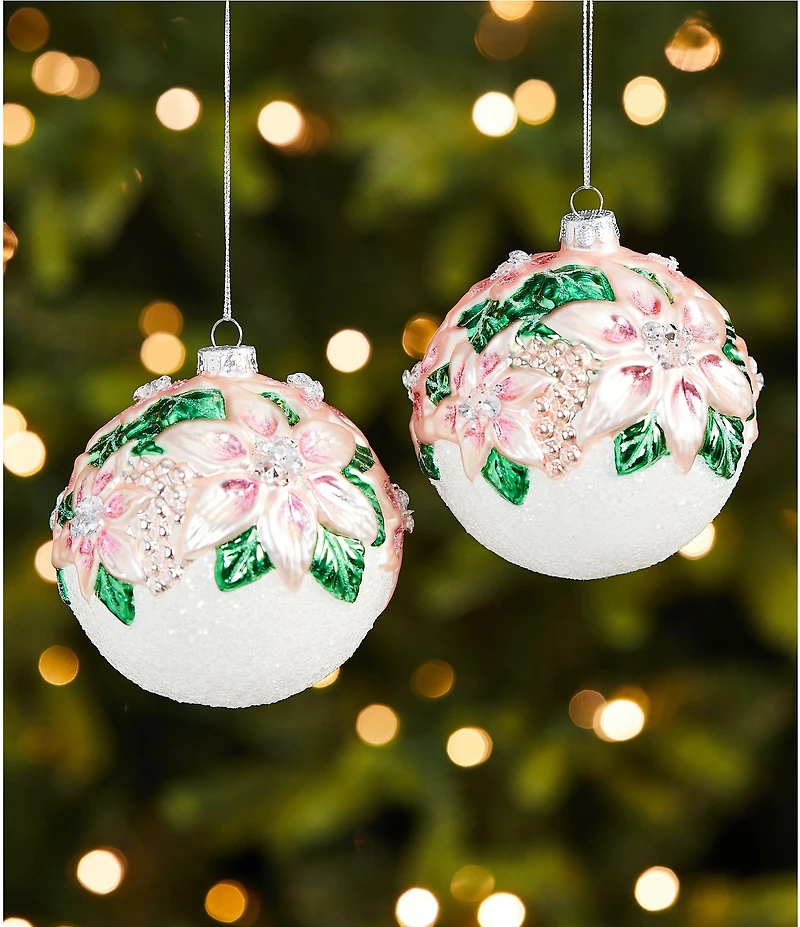 Southern Living Sweet Christmas Collection Pink Poinsettia Glass Ball Ornament, Set of 2