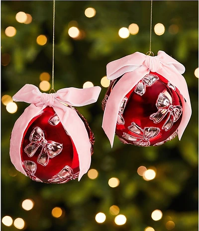 Southern Living Sweet Christmas Collection Red and Pink Bow Glass Ball Ornament, Set of 2