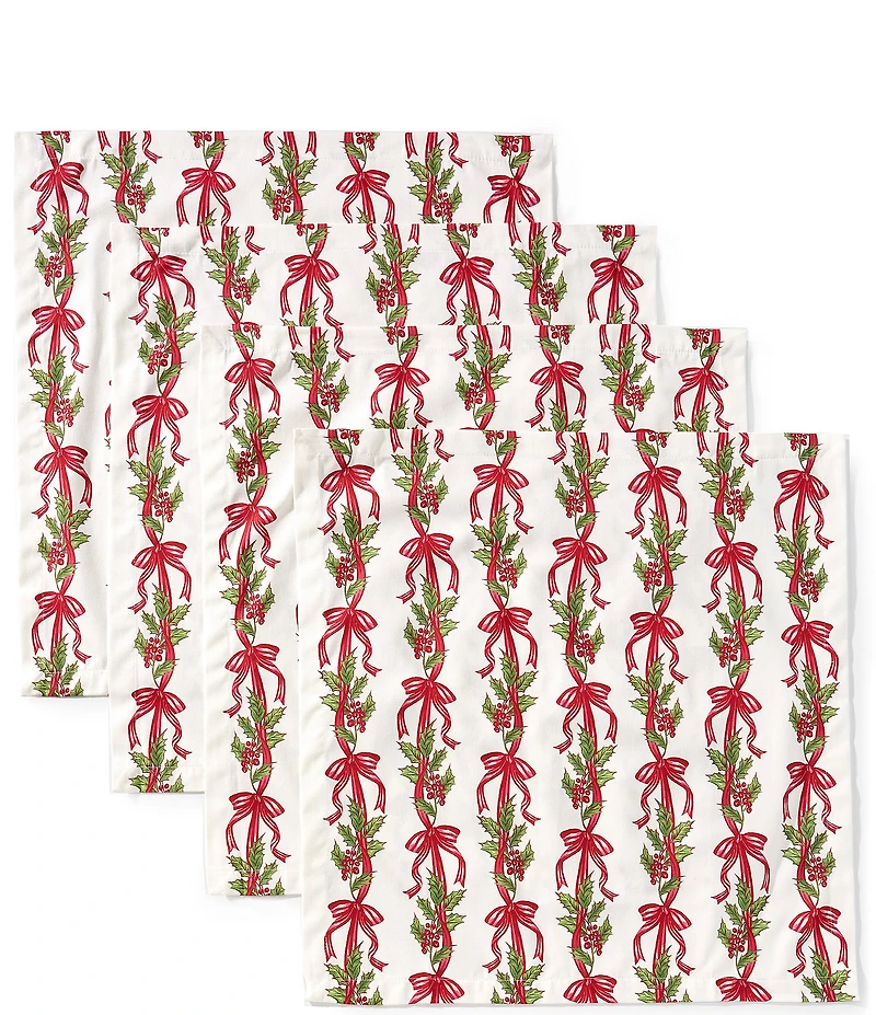 Southern Living Sweet Christmas Collection Red Bow Poinsettia Print Napkins, Set of 4