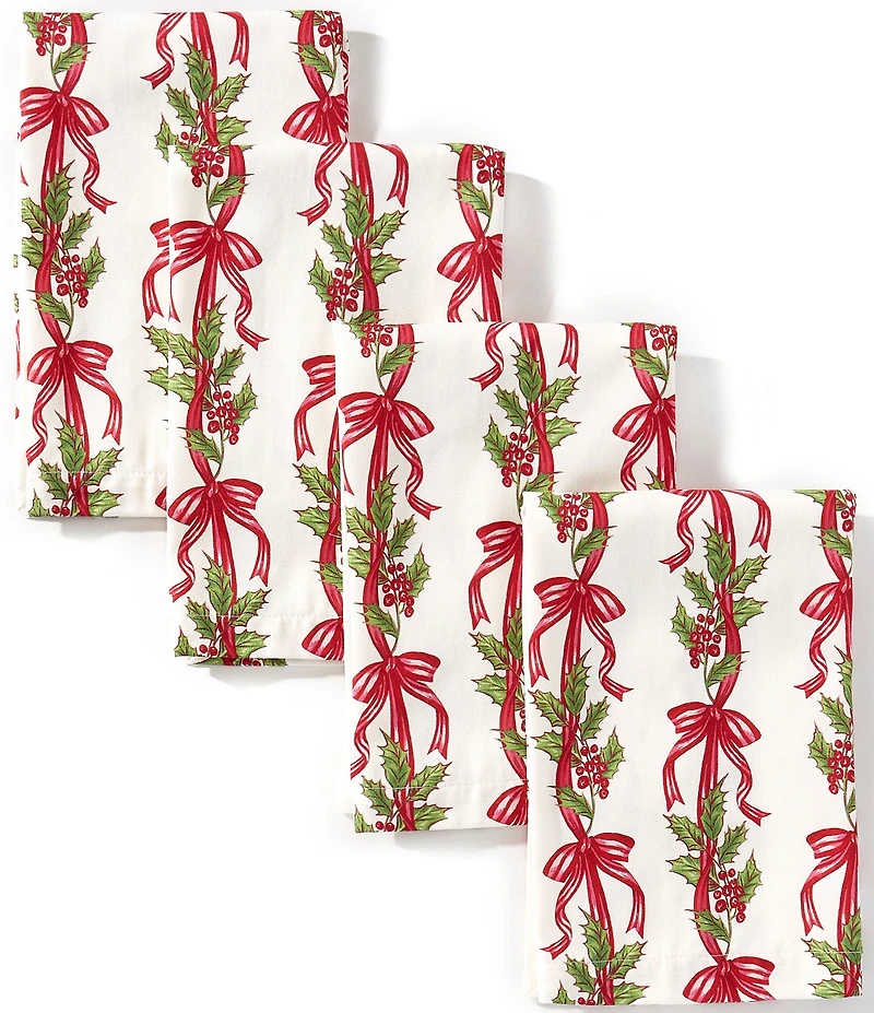 Southern Living Sweet Christmas Collection Red Bow Poinsettia Print Napkins, Set of 4