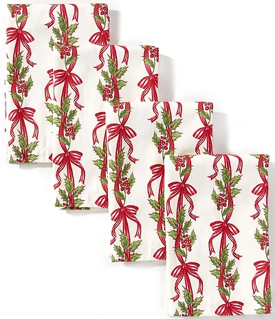 Southern Living Sweet Christmas Collection Red Bow Poinsettia Print Napkins, Set of 4