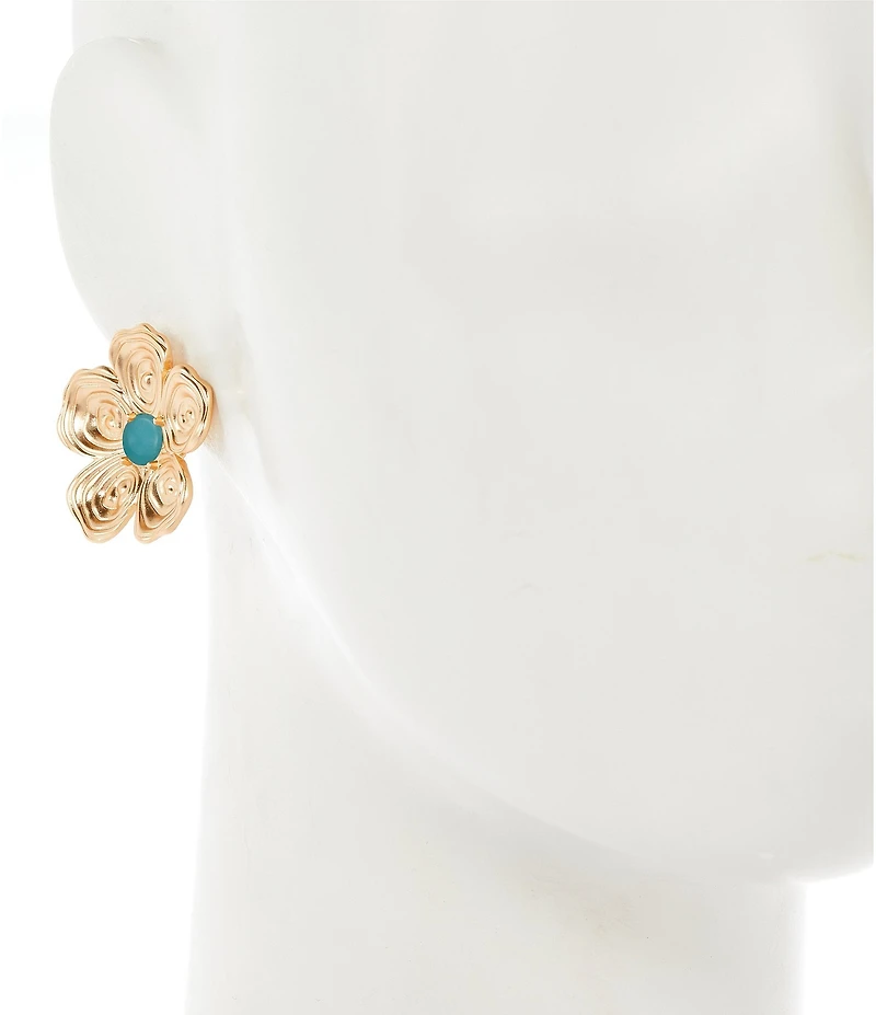 Southern Living Turquoise Cab Organic Swirl Metal Flower Stud Earrings