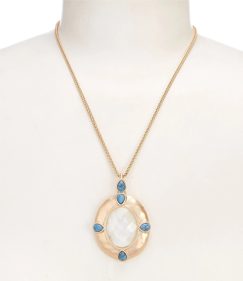 Southern Living Turquoise Teardrop White Shell Epoxy Hammered Short Pendant Necklace