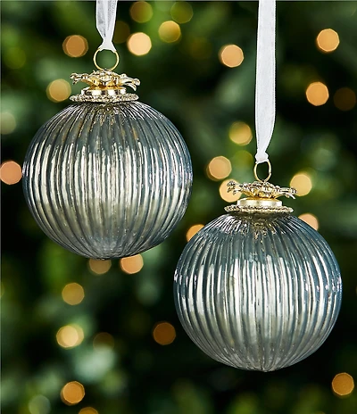 Southern Living Twelve Days of Christmas Collection Flower Top Ribbed Glass Ball Ornament, Set of 2