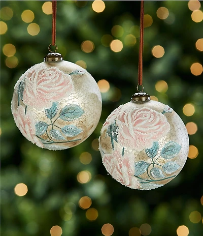 Southern Living Twelve Days of Christmas Collection Frosted Rose Glass Ball Ornament, Set of 2