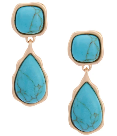 Southern Living Wobbly Edge Metal Double Turquoise Stone Drop Earrings