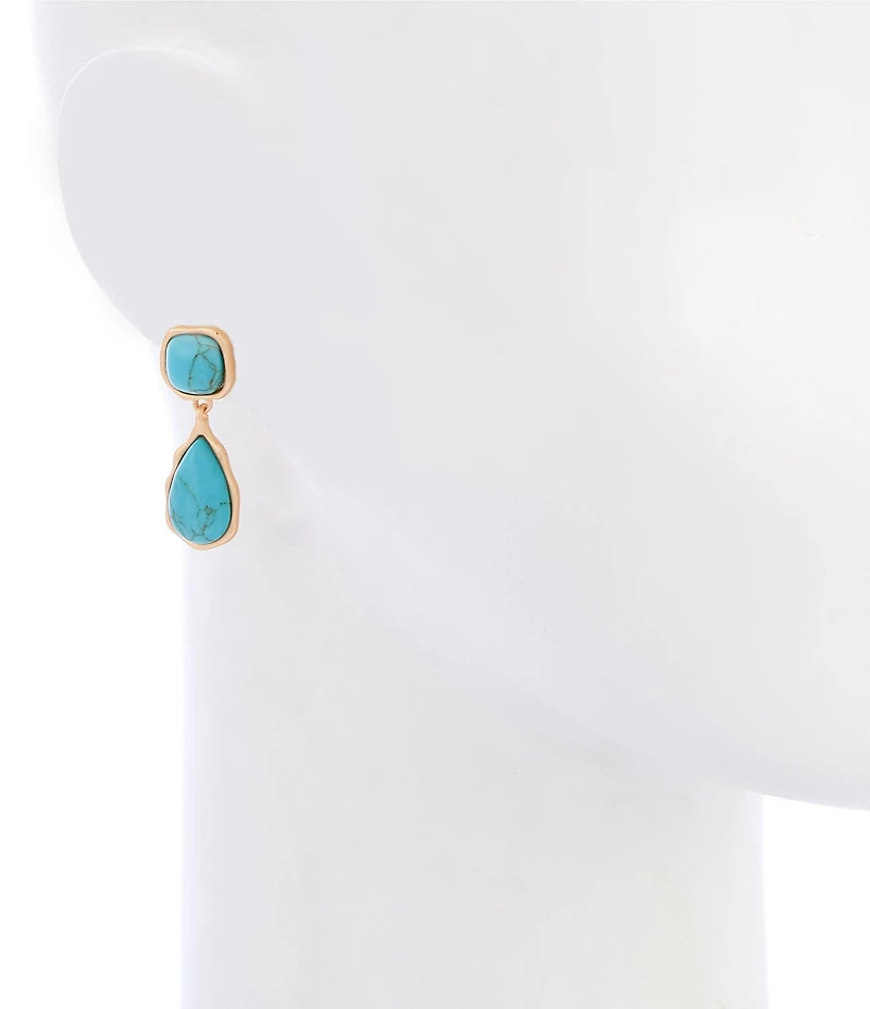 Southern Living Wobbly Edge Metal Double Turquoise Stone Drop Earrings