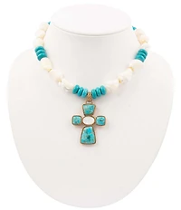 Southern Living x Barse Genuine Stone Meridian Cross Short Beaded Pendant Necklace