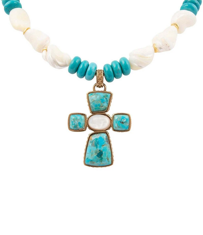 Southern Living x Barse Genuine Stone Meridian Cross Short Beaded Pendant Necklace