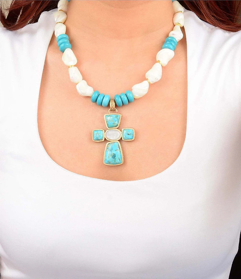 Southern Living x Barse Genuine Stone Meridian Cross Short Beaded Pendant Necklace