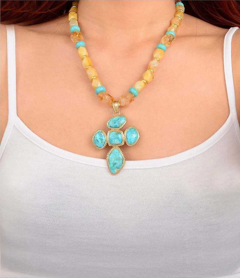 Southern Living x Barse Desert Sun Golden And Genuine Stone Cross Short Pendant Necklace