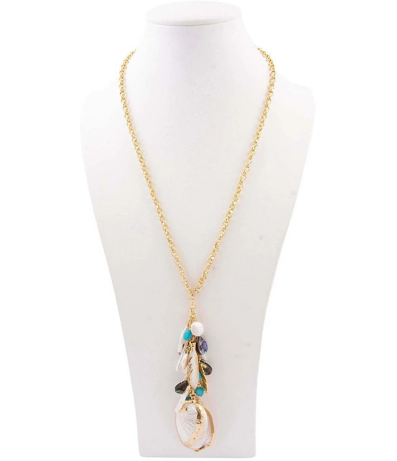 Southern Living x Barse Golden and Genuine Stone Coastal Charm Shell Gypsy Y Necklace