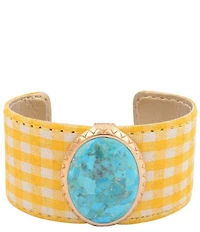 Southern Living x Barse Golden And Genuine Turquoise Cabana Checked Fabric Statement Cuff Bracelet