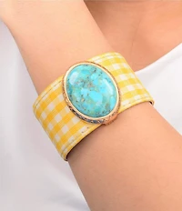 Southern Living x Barse Golden And Genuine Turquoise Cabana Checked Fabric Statement Cuff Bracelet