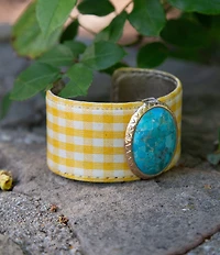 Southern Living x Barse Golden And Genuine Turquoise Cabana Checked Fabric Statement Cuff Bracelet