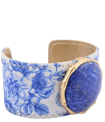 Southern Living x Barse Golden And Lapis Capri Floral Statement Cuff Bracelet