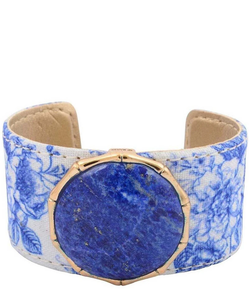 Southern Living x Barse Golden And Lapis Capri Floral Statement Cuff Bracelet