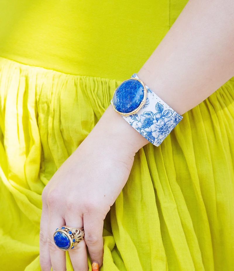 Southern Living x Barse Golden And Lapis Capri Floral Statement Cuff Bracelet