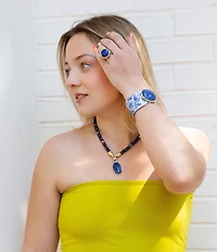 Southern Living x Barse Golden And Lapis Capri Floral Statement Cuff Bracelet