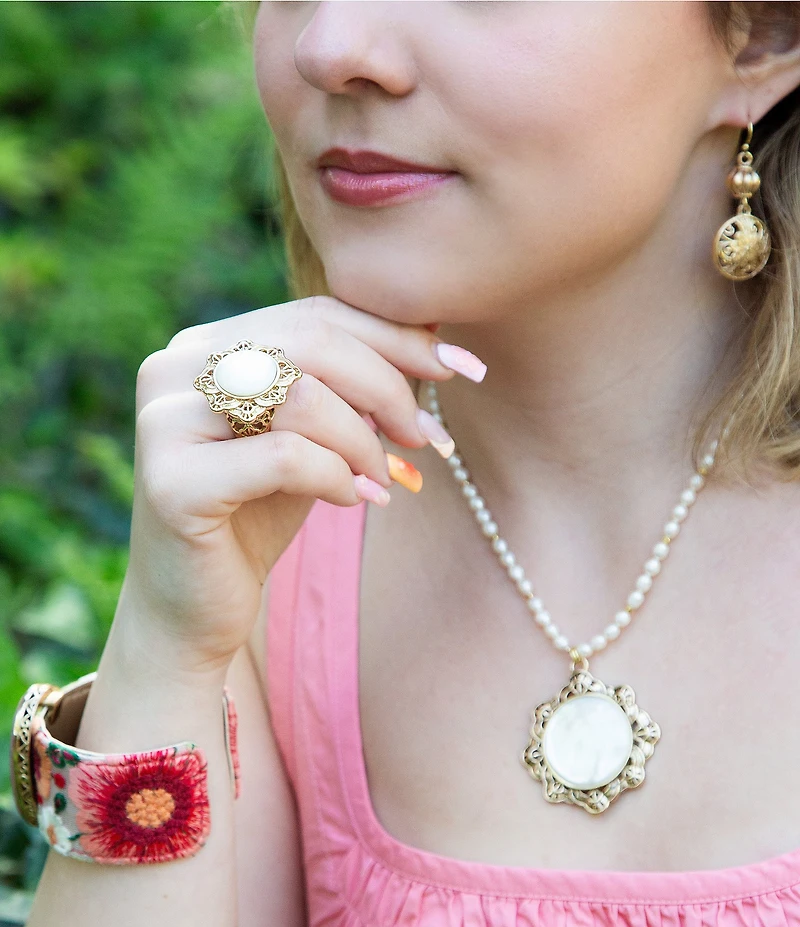 Southern Living x Barse Golden, Mother Of Pearl And Freshwater Pearl Moonshell Short Pendant Necklace