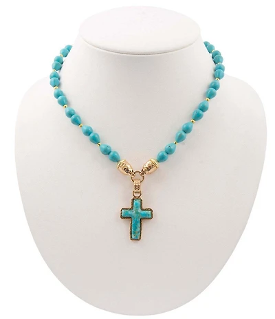 Southern Living x Barse Kaia Cross Golden Genuine Stone Short Pendant Necklace