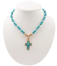 Southern Living x Barse Kaia Cross Golden Genuine Stone Short Pendant Necklace