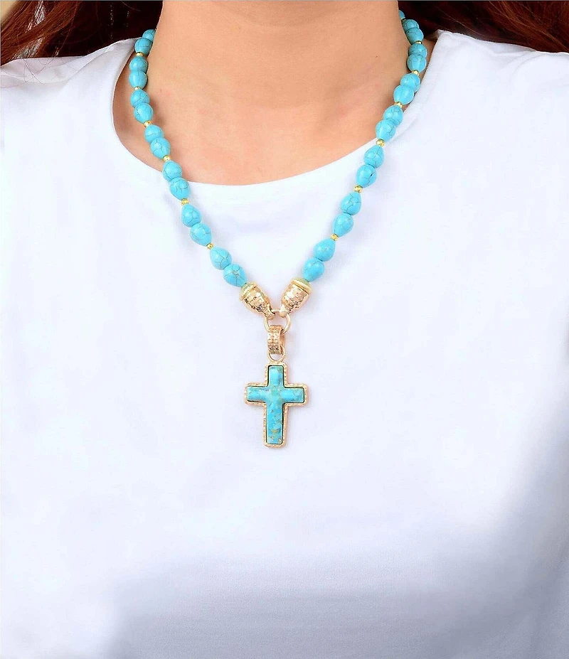 Southern Living x Barse Kaia Cross Golden Genuine Stone Short Pendant Necklace