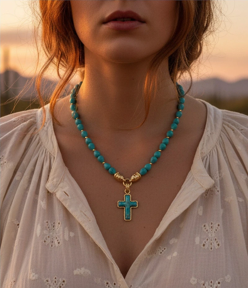 Southern Living x Barse Kaia Cross Golden Genuine Stone Short Pendant Necklace