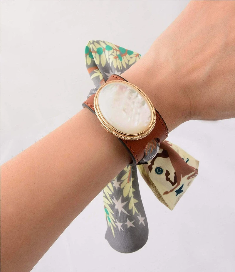 Southern Living x Barse Woodland Whisper Golden And Mother Of Pearl Scarf Adjustable Cuff Bracelet