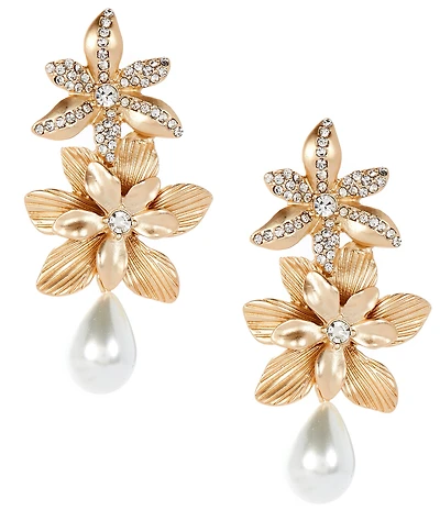 Southern Living x Borrowed & Blue Crystal Pave Multi Flower Linear Pearl Teardrop Drop Earrings