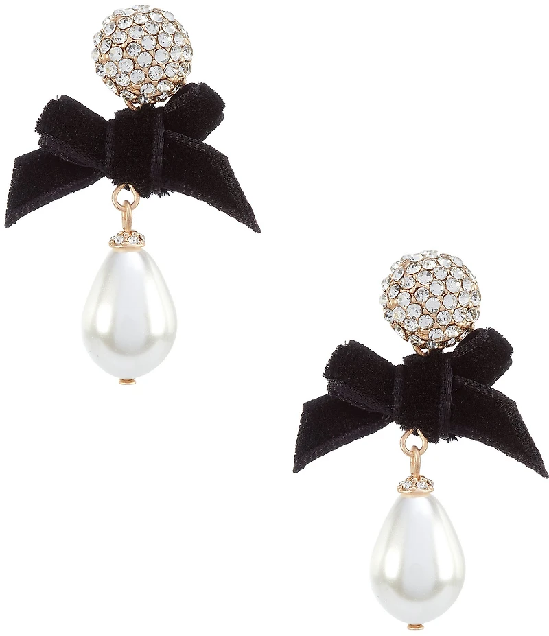 Southern Living x Borrowed & Blue Crystal Pave Stud Jet Velvet Bow Pearl Teardrop Drop Earrings