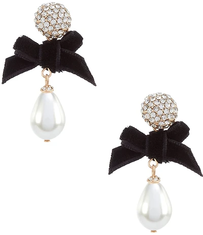 Southern Living x Borrowed & Blue Crystal Pave Stud Jet Velvet Bow Pearl Teardrop Drop Earrings