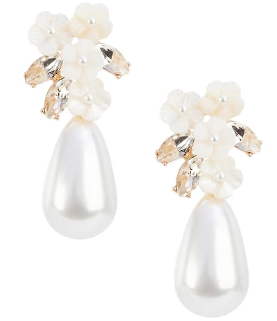 Southern Living x Borrowed & Blue Crystal Stone White Shell Floral Pearl Teardrop Drop Earrings