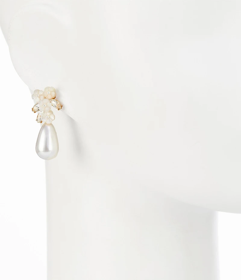 Southern Living x Borrowed & Blue Crystal Stone White Shell Floral Pearl Teardrop Drop Earrings