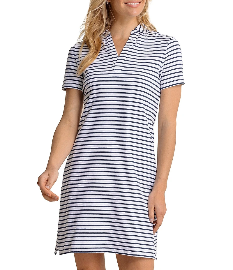 Southern Tide Demi Stripe Print Collared V-Neck Short Sleeve Cotton Polo A-Line Dress