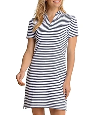 Southern Tide Demi Stripe Print Collared V-Neck Short Sleeve Cotton Polo A-Line Dress