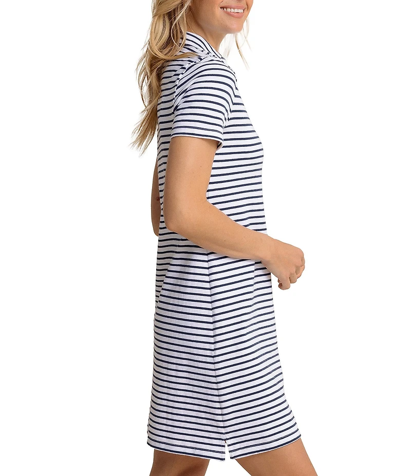 Southern Tide Demi Stripe Print Collared V-Neck Short Sleeve Cotton Polo A-Line Dress