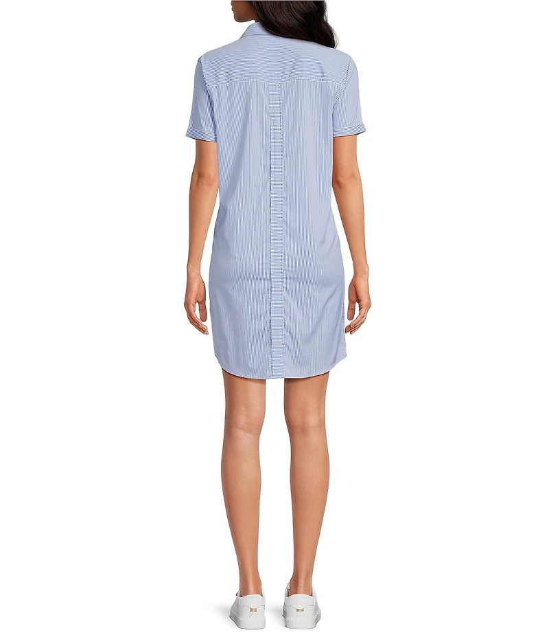 Southern Tide Kamryn brrr°® Intercoastal Stripe Print Short Sleeve Collared V-Neck Shift Dress