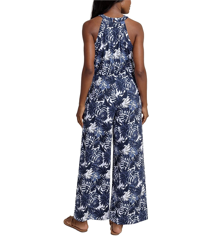 Southern Tide Karrigan Tropical Grand Palms Printed Halter Neck Sleeveless Performance Jumpsuit