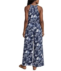 Southern Tide Karrigan Tropical Grand Palms Printed Halter Neck Sleeveless Performance Jumpsuit