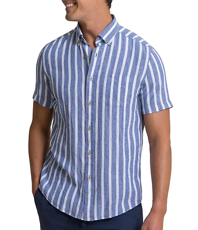 Southern Tide Seamark Linen Blend Stripe Short Sleeve Woven Shirt