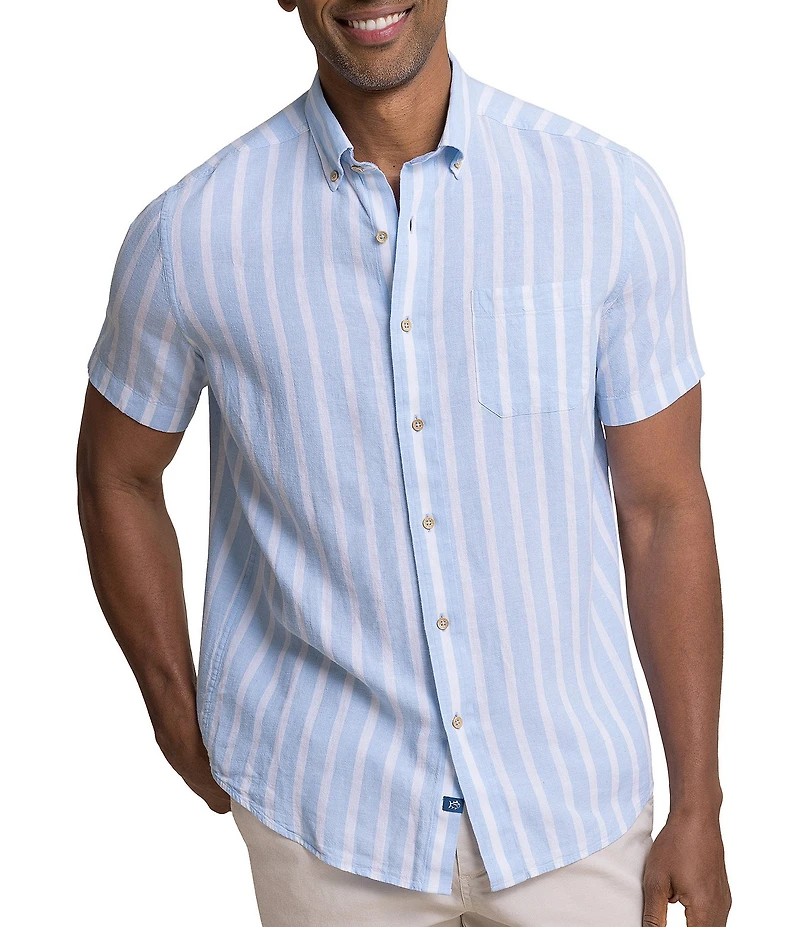 Southern Tide Seamark Linen Blend Stripe Short Sleeve Woven Shirt