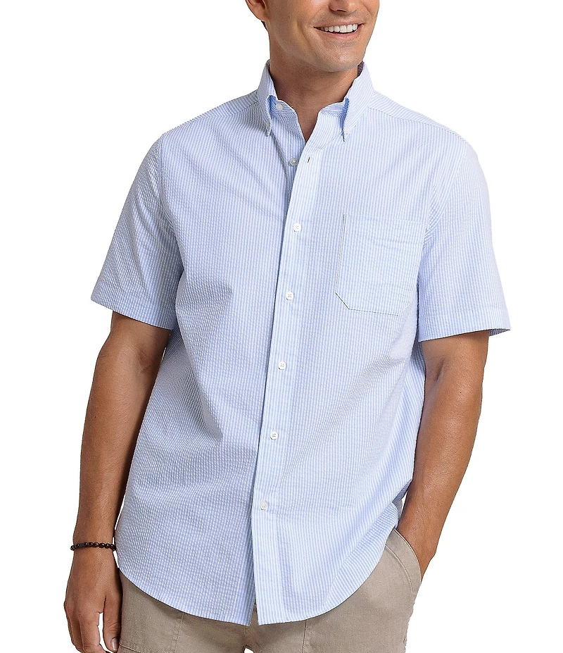 Southern Tide Stretch Stripe Seersucker Follyfield Short Sleeve Woven Shirt