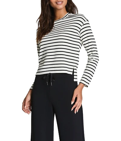 Spanx AirEssentials Knit Crew Neckline Long Sleeve Stripped Side Slit Top