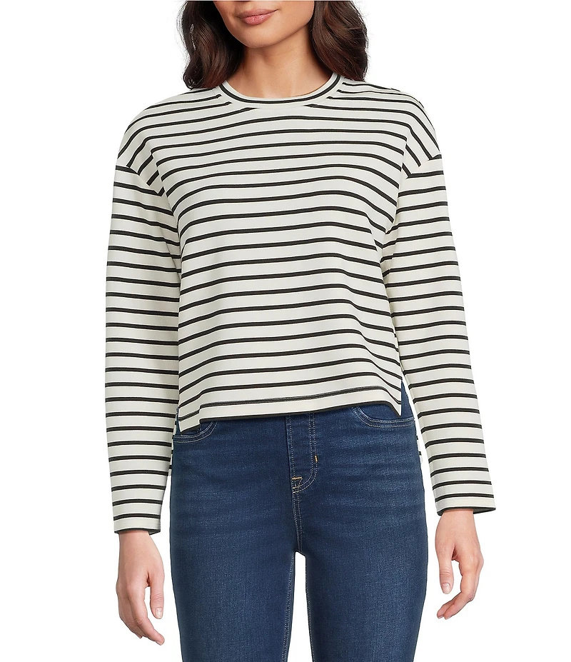 Spanx AirEssentials Knit Crew Neckline Long Sleeve Stripped Side Slit Top