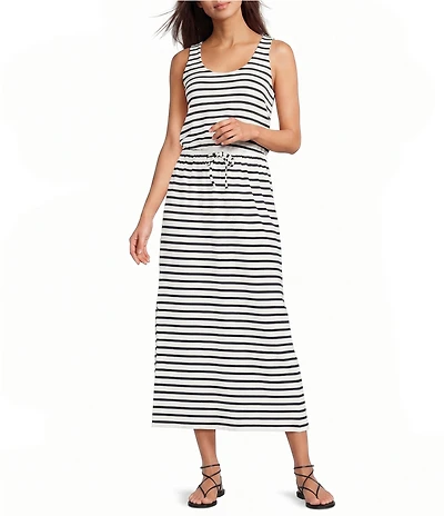 SPANX AirEssentials Striped Double Knit Scoop Neck Drawstring Maxi Tank Dress