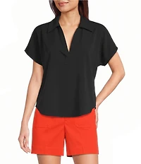 SPANX Collared Split V-Neck Drop Shoulder Short Sleeve Woven Blouse