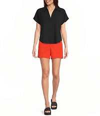 SPANX Collared Split V-Neck Drop Shoulder Short Sleeve Woven Blouse