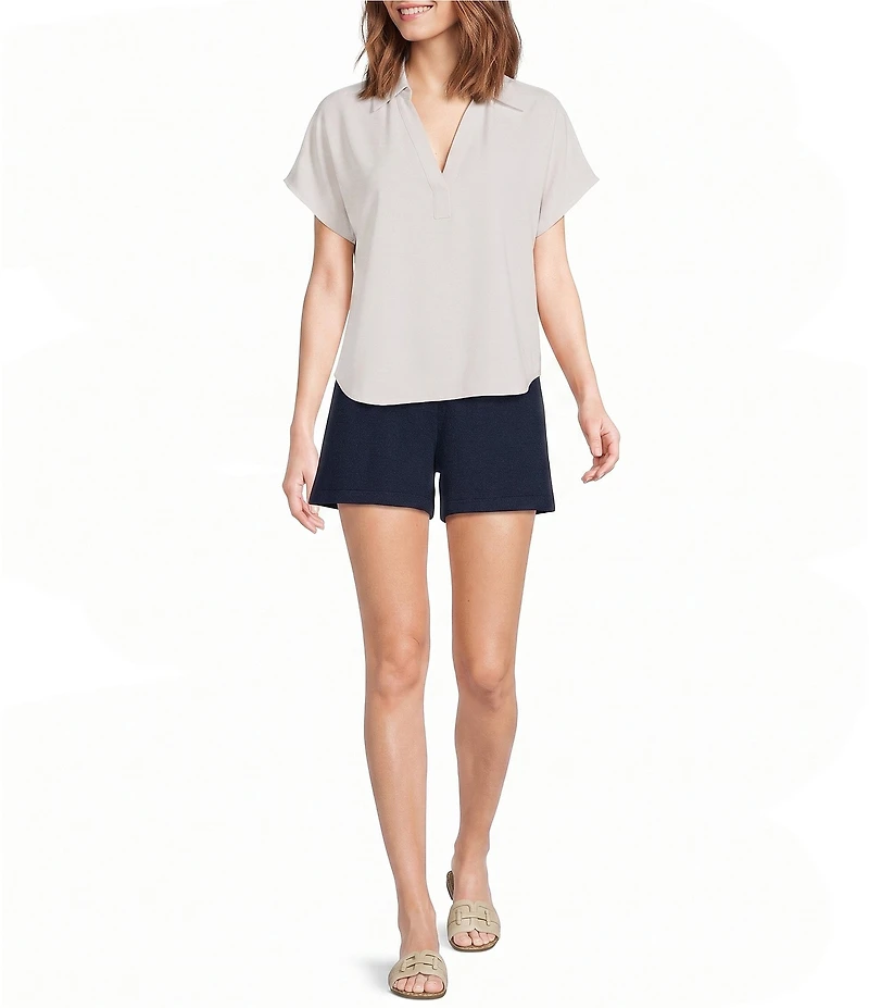 SPANX Collared Split V-Neck Drop Shoulder Short Sleeve Woven Blouse